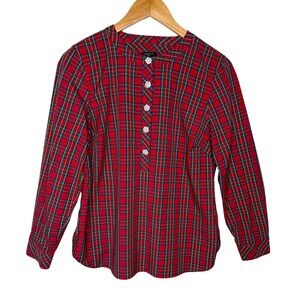 Talbots Red Black Plaid Holiday Blouse Rhinestone Button Tartan Top Medium/P